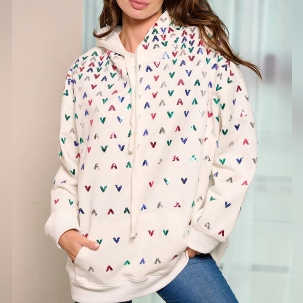 Bucketlist White Sequin Embellished Solid Hoodie White Pullover Zip Up